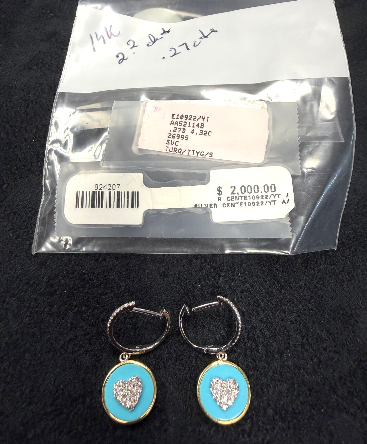 ITEM #1 - 14K Gold Pave Diamond & Turquoise Enamel Heart Drop Huggie Earrings
