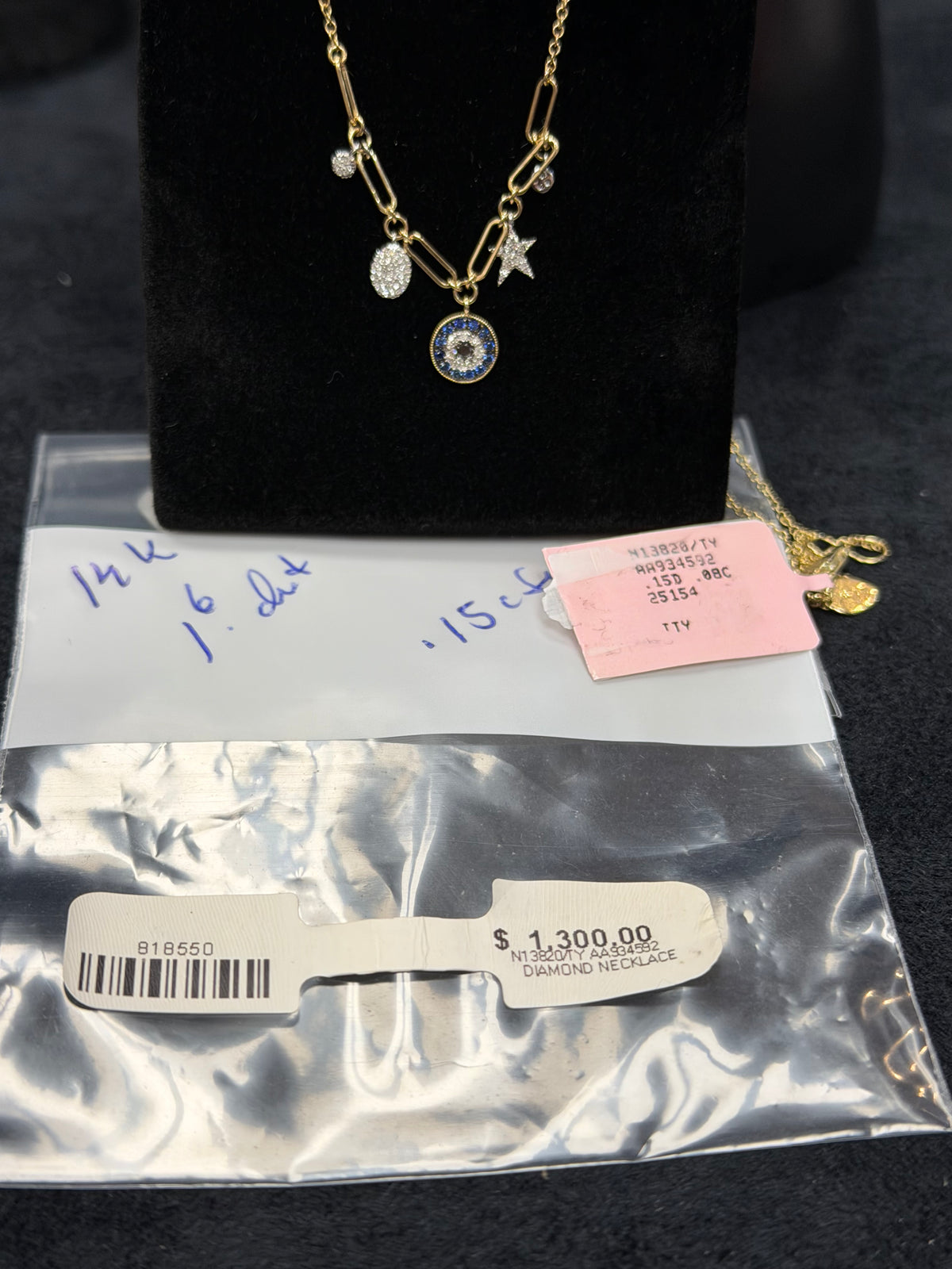 ITEM# 8 - 14K Gold Multi-Charm Paperclip Link Evil Eye Necklace