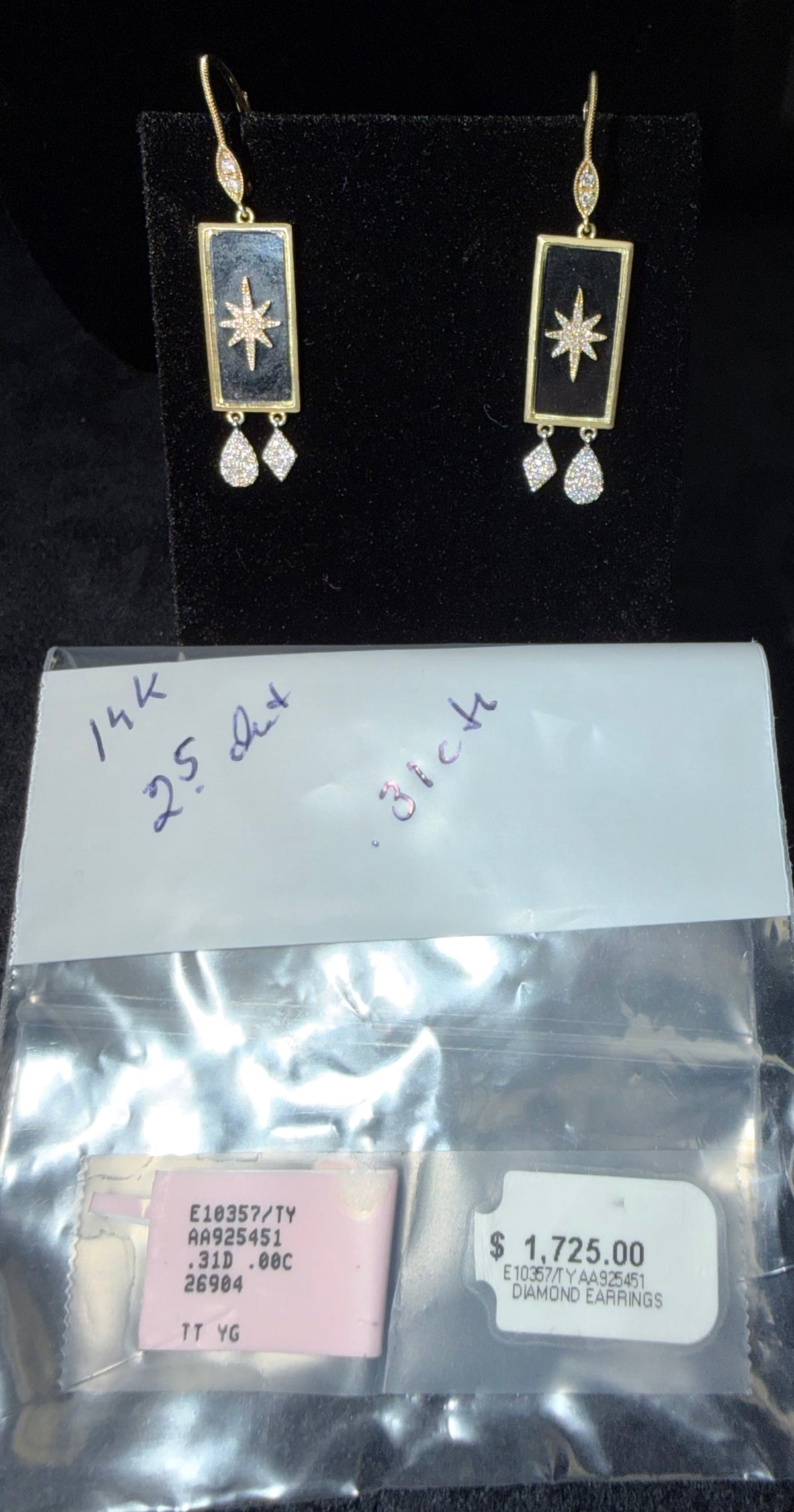 ITEM#14 - 14K Gold Diamond Celestial Starburst Black Onyx Plaque Drop Earrings