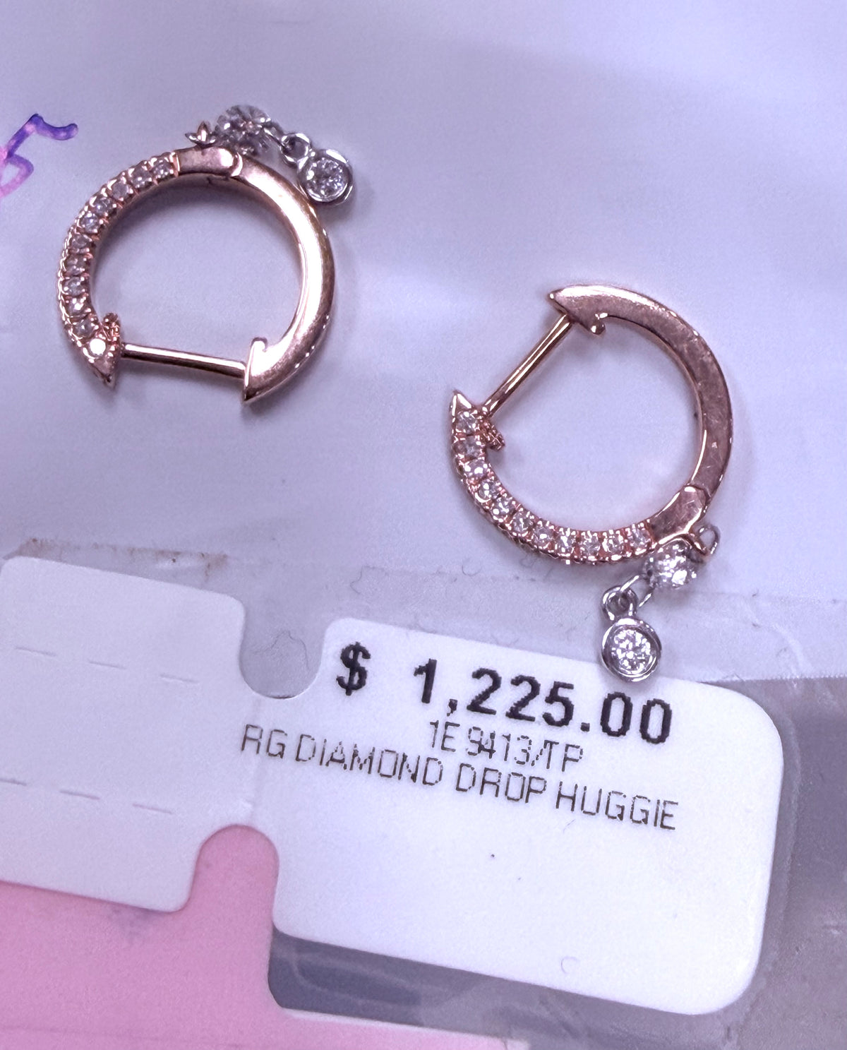 ITEM #27 -14K Gold Pavé & Bezel-Set Diamond Linear Drop Huggie Earrings