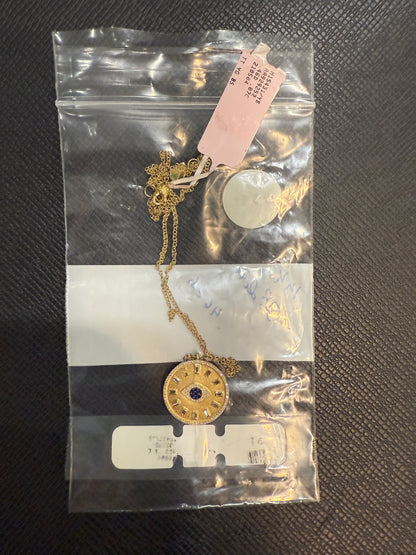 ITEM#22 - 14K Gold Diamond & Sapphire Evil Eye Medallion Pendant Necklace
