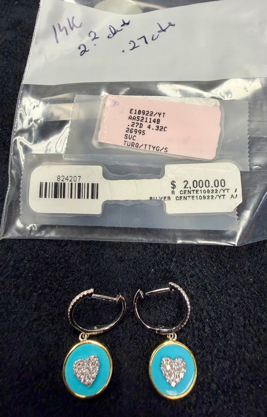 ITEM #1 - 14K Gold Pave Diamond & Turquoise Enamel Heart Drop Huggie Earrings