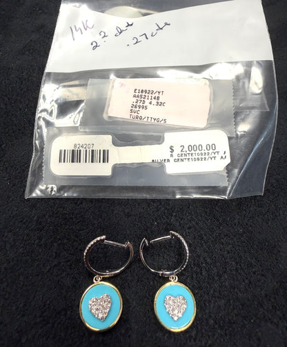 ITEM #1 - 14K Gold Pave Diamond & Turquoise Enamel Heart Drop Huggie Earrings