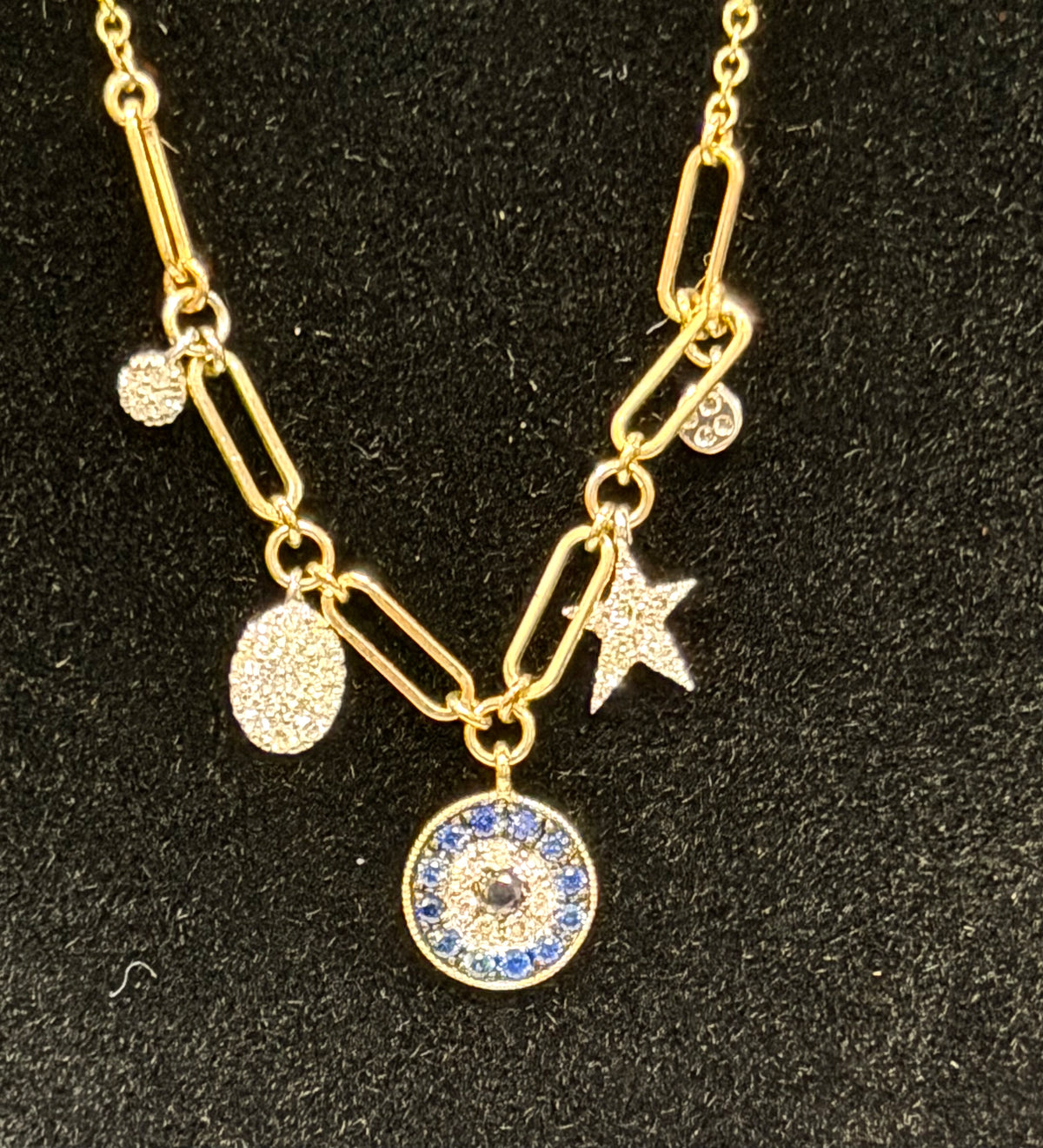 ITEM# 8 - 14K Gold Multi-Charm Paperclip Link Evil Eye Necklace