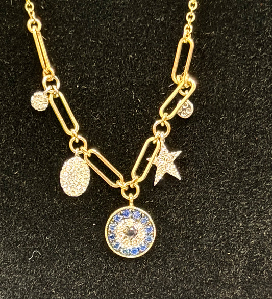 ITEM# 8 - 14K Gold Multi-Charm Paperclip Link Evil Eye Necklace