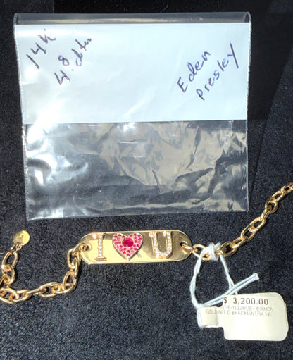 ITEM#9- Eden Presley 14K Gold Diamond & Ruby "I ❤️ U" Mantra ID Link Bracelet