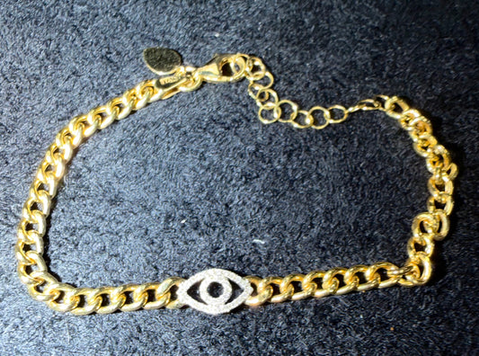 ITEM#12 -14K Gold Pavé Diamond Evil Eye Curb Link Chain Bracelet
