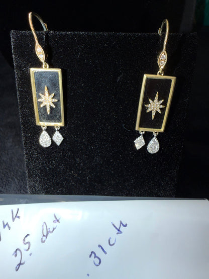 ITEM#14 - 14K Gold Diamond Celestial Starburst Black Onyx Plaque Drop Earrings