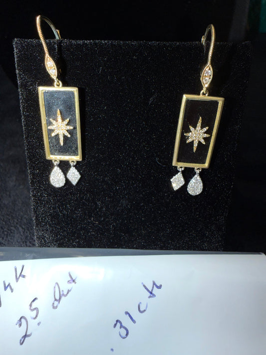 ITEM#14 - 14K Gold Diamond Celestial Starburst Black Onyx Plaque Drop Earrings