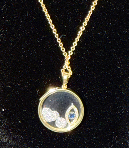 ITEM#15 - 14K Gold Diamond & Sapphire Floating Evil Eye Locket Necklace