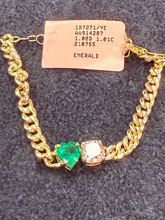 ITEM#18 -14K Gold Heart Emerald & Pavé Diamond Cushion Link Bracelet