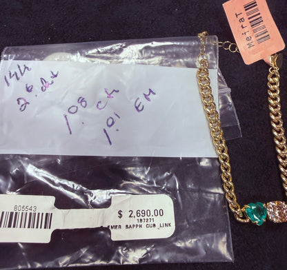 ITEM#18 -14K Gold Heart Emerald & Pavé Diamond Cushion Link Bracelet