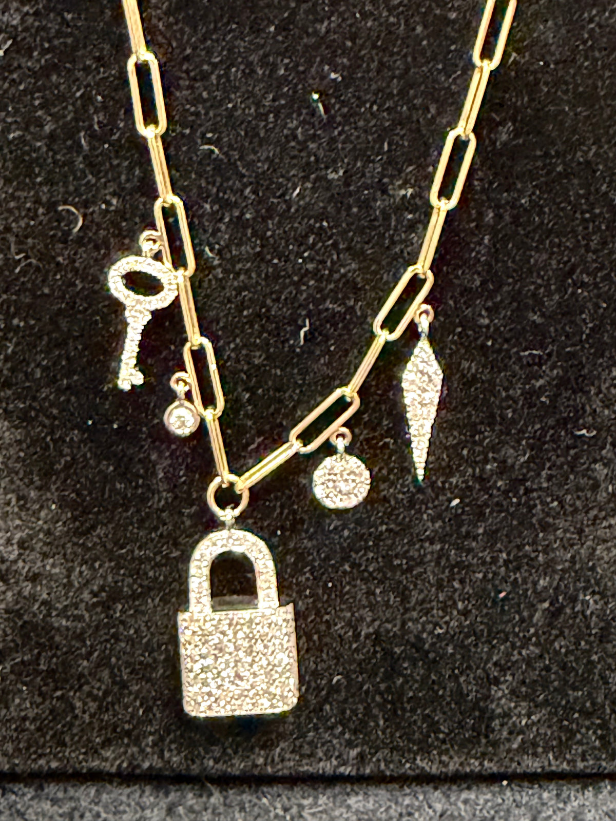 ITEM#23 - 14K Gold Pavé Diamond Lock, Key & Multi-Charm Paperclip Link Necklace