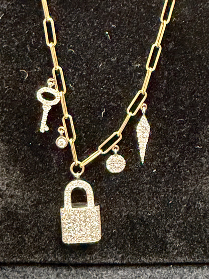 ITEM#23 - 14K Gold Pavé Diamond Lock, Key & Multi-Charm Paperclip Link Necklace