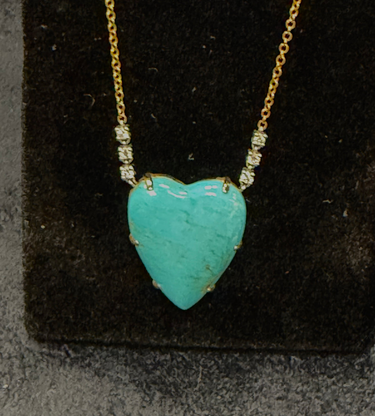 ITEM#24 - Meira T 14K Gold Giant Turquoise Heart & Asymmetrical Diamond Station Necklace