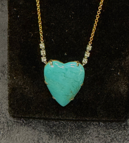 ITEM#24 - Meira T 14K Gold Giant Turquoise Heart & Asymmetrical Diamond Station Necklace