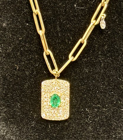 ITEM #25 - 14K Gold Pave Diamond & Emerald Oval Dog Tag Paperclip Link Necklace