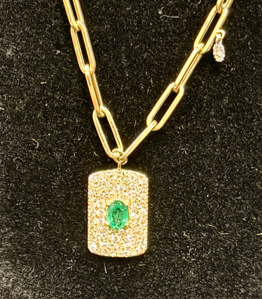 ITEM #25 - 14K Gold Pave Diamond & Emerald Oval Dog Tag Paperclip Link Necklace