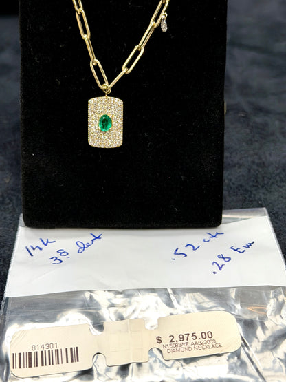 ITEM #25 - 14K Gold Pave Diamond & Emerald Oval Dog Tag Paperclip Link Necklace