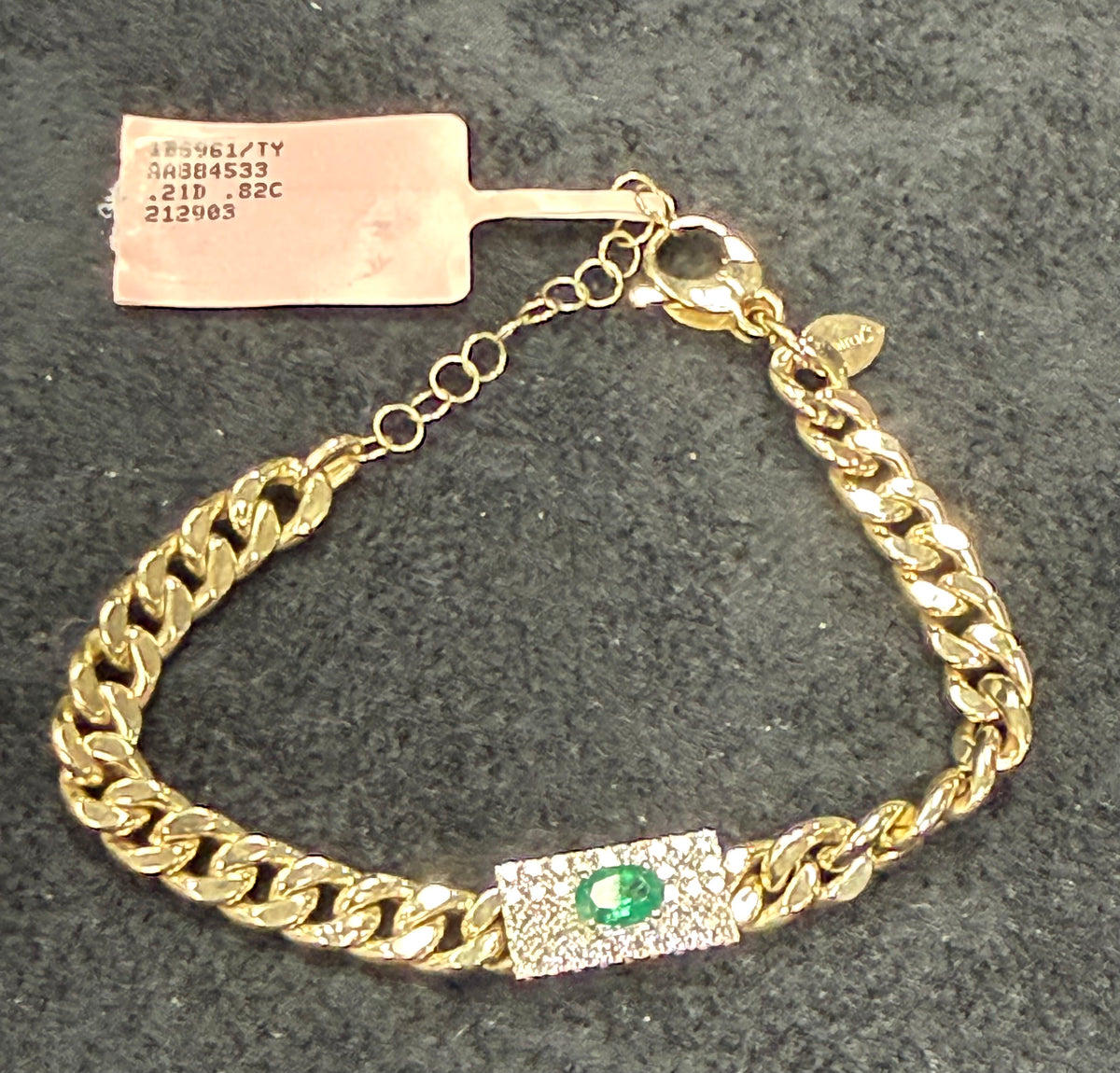 ITEM #26 - 14K Gold Pave Diamond & Emerald Oval ID Curb Link Bracelet