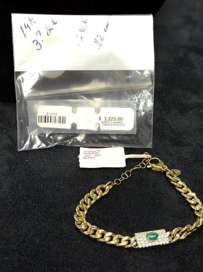 ITEM #26 - 14K Gold Pave Diamond & Emerald Oval ID Curb Link Bracelet
