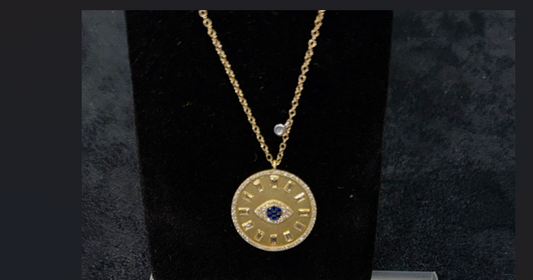 ITEM#22 - 14K Gold Diamond & Sapphire Evil Eye Medallion Pendant Necklace
