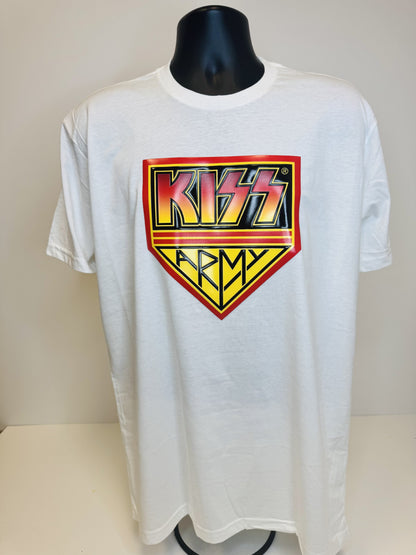 KISS Army 3D Raised UV Patch White Graphic Tee | Premium Band Shirt
