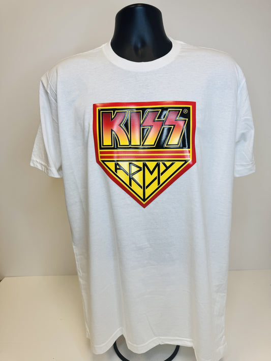 KISS Army 3D Raised UV Patch White Graphic Tee | Premium Band Shirt