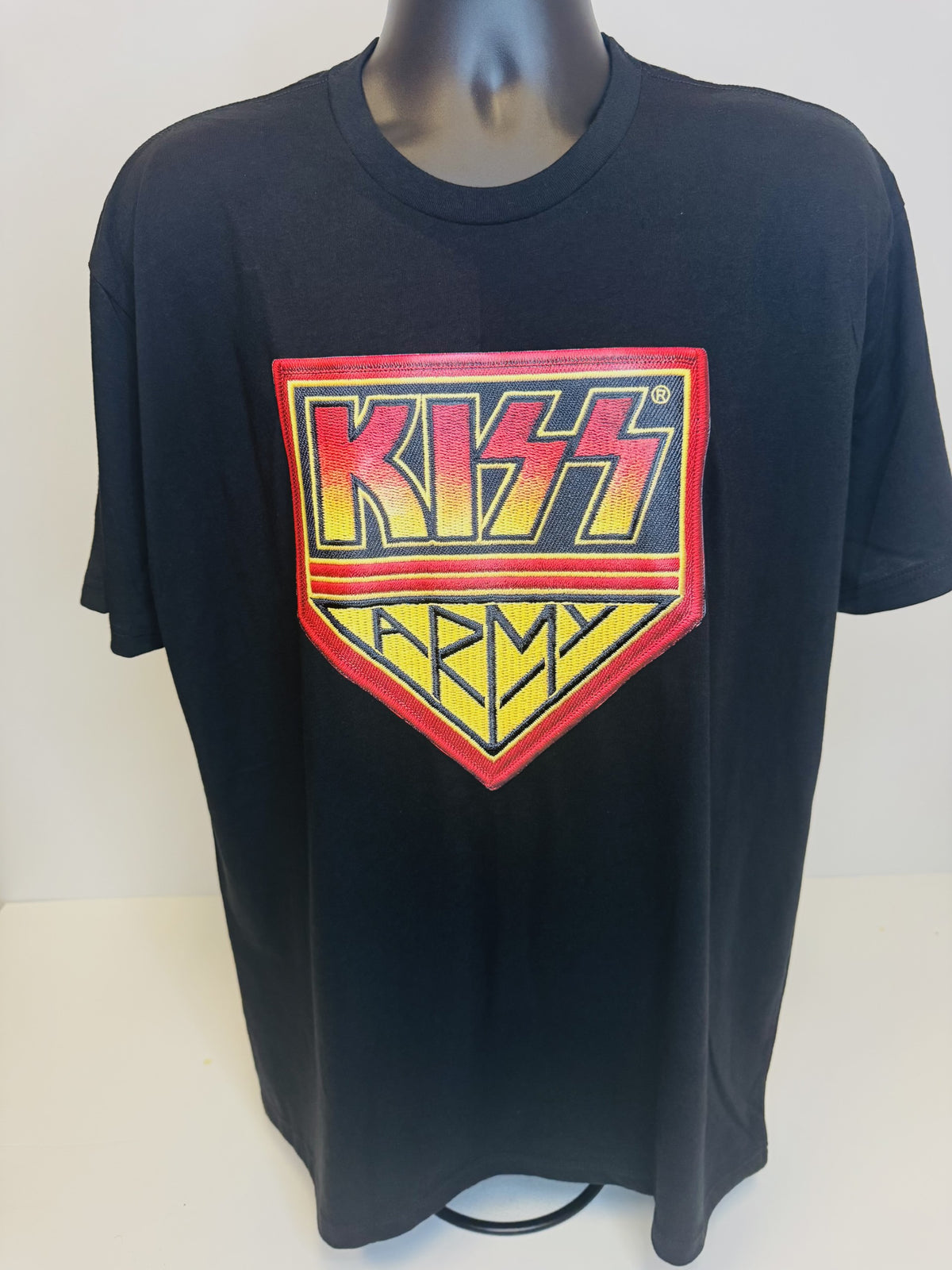 KISS Official Band Premium Tee – 3D Raised UV Patch KISS Army Shield Graphic Shirt (Black)