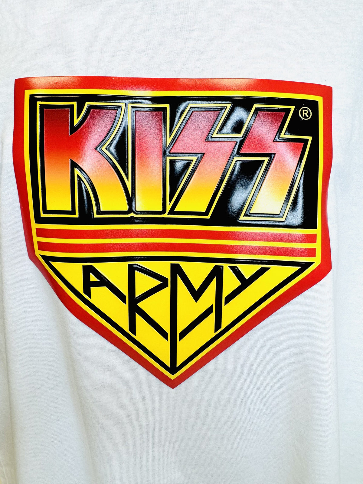 KISS Army 3D Raised UV Patch White Graphic Tee | Premium Band Shirt