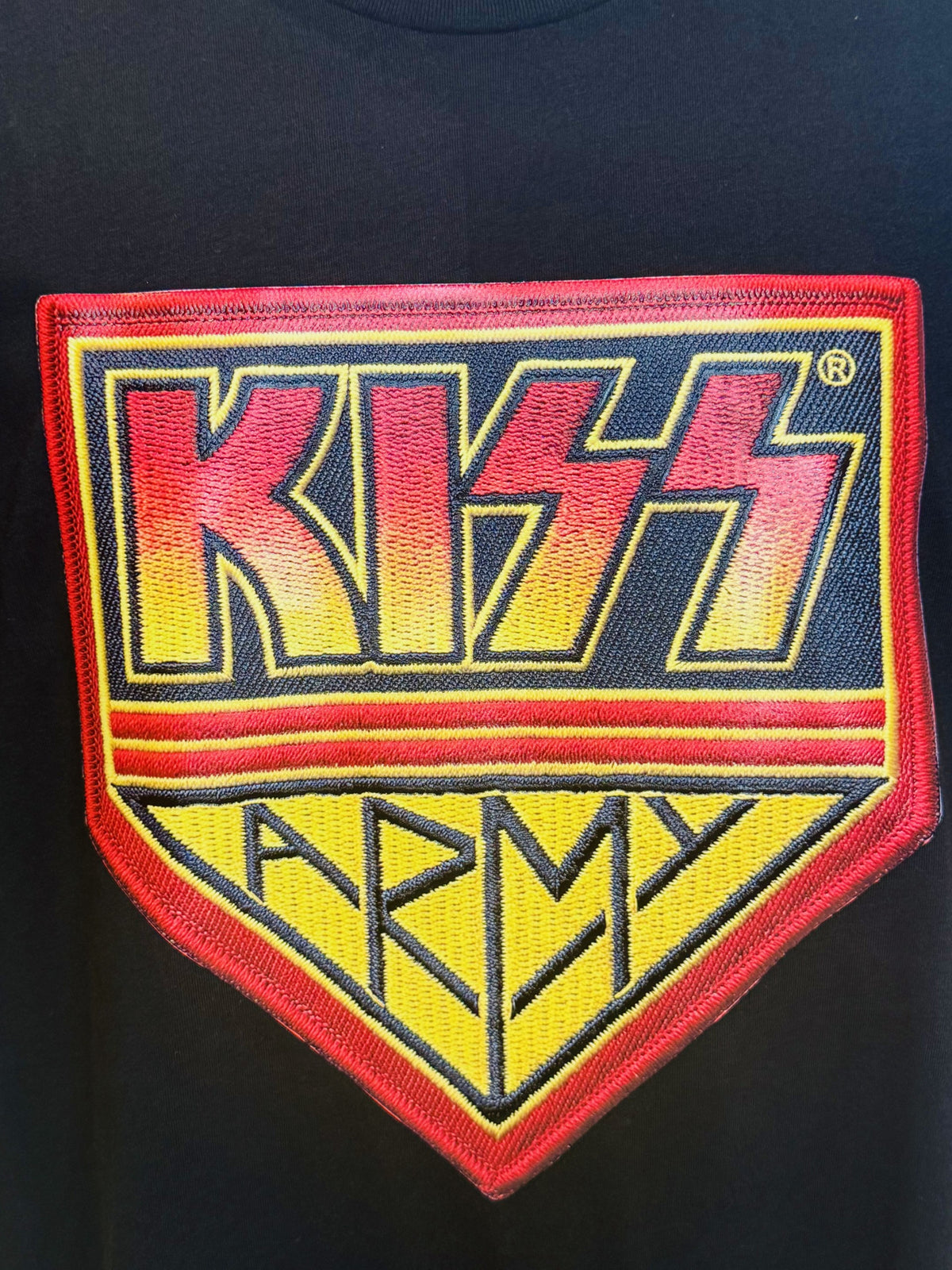 KISS Official Band Premium Tee – 3D Raised UV Patch KISS Army Shield Graphic Shirt (Black)