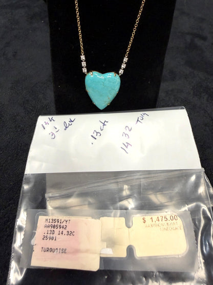 ITEM#24 - Meira T 14K Gold Giant Turquoise Heart & Asymmetrical Diamond Station Necklace